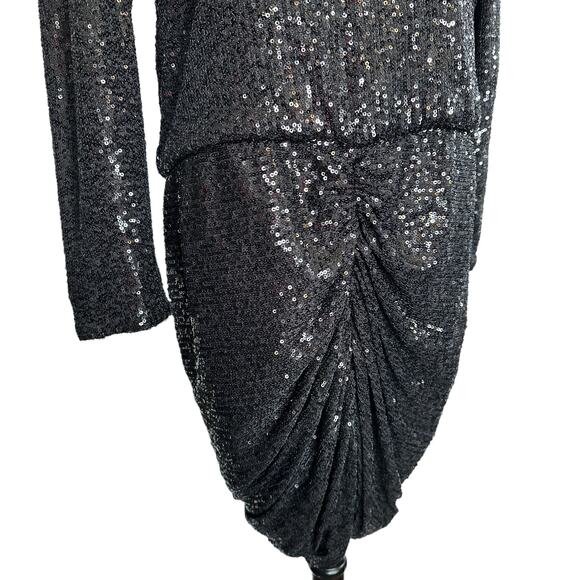 Retrofete Flynn Sequin Ruched Tulle Long Sleeve Key Hole Mini Dress Black Large - Picture 5 of 16
